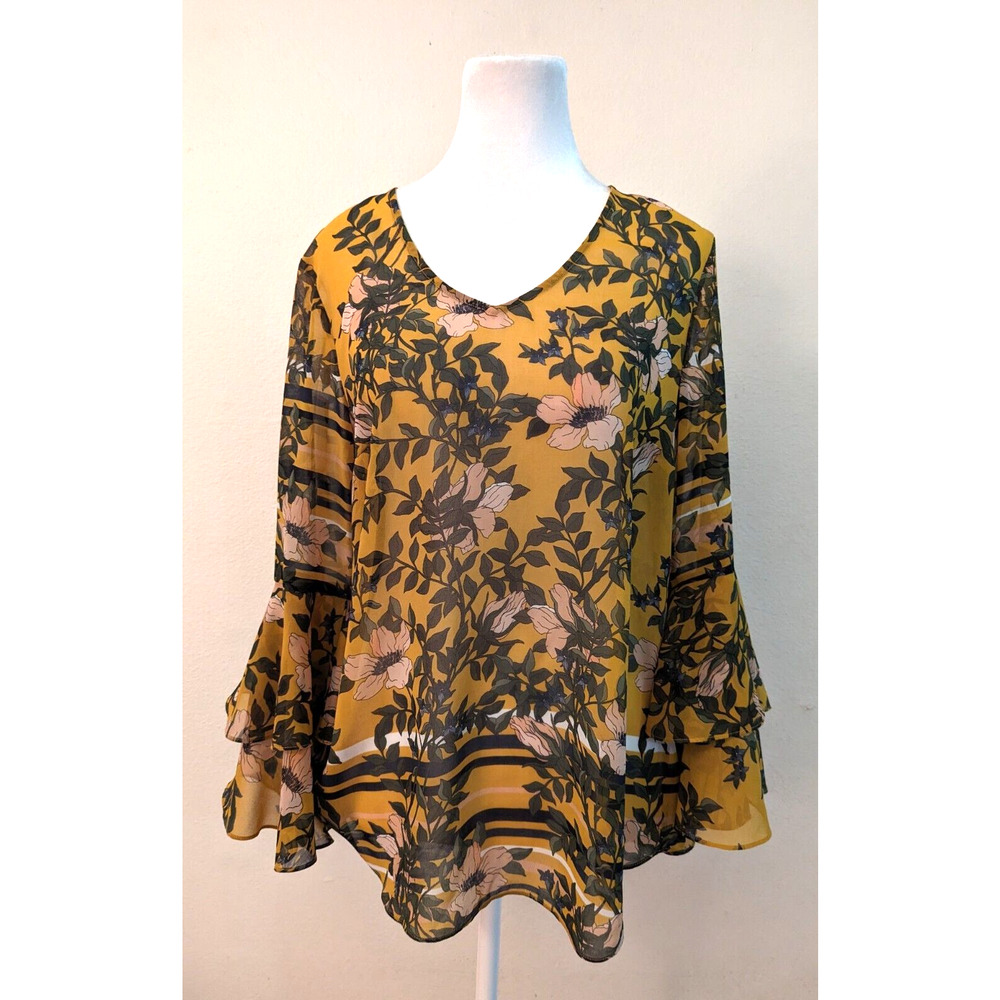 CAbi sz S Spring Scene Bell Sleeve Blouse sheer multi color not lined 5518 3768